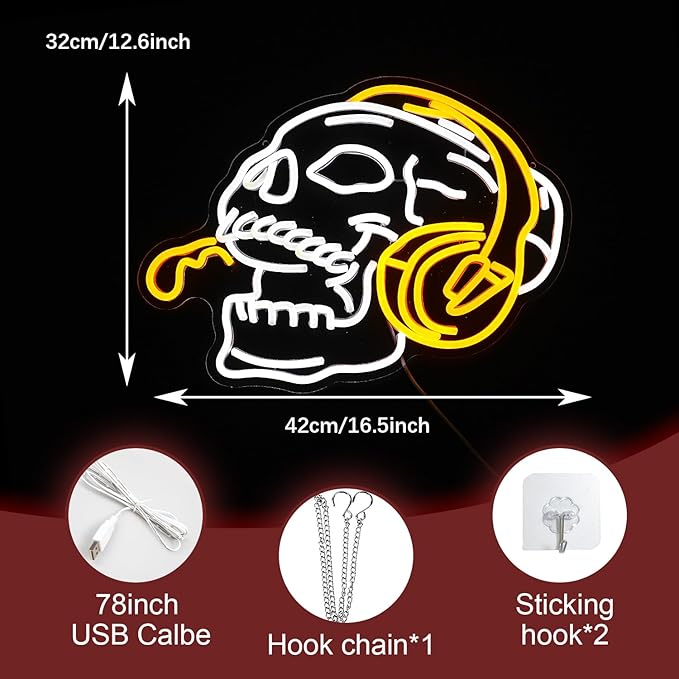 Skull Headphone Neon Sign Headphone Neon Light for Wall Decor LED Dimmable USB Skull Light Up Sign for Halloween Party Game Room Personalized Gifts(12.6 * 16.5In)-Ruum Studio Home