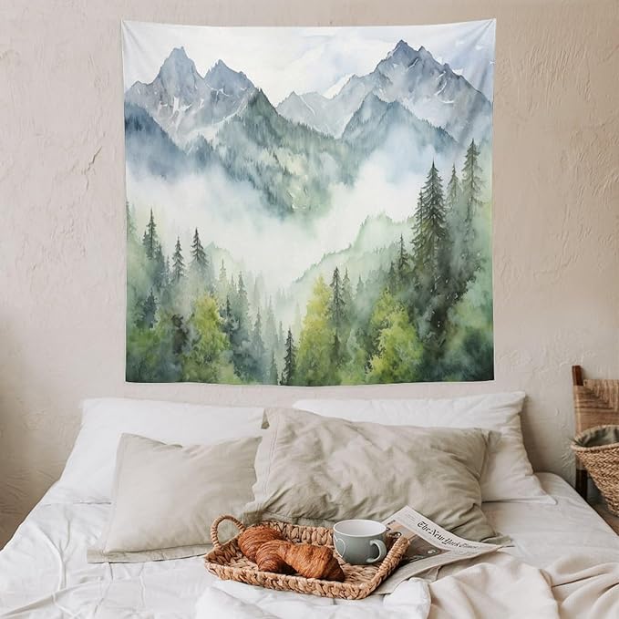 HZOHNAGO Mountain Tapestry Misty Green Forest Mountain Pattern Printed Wall Tapestry Wall Hanging for Bedroom Living Room Dorm 60" W x 60" H-Ruum Studio Home