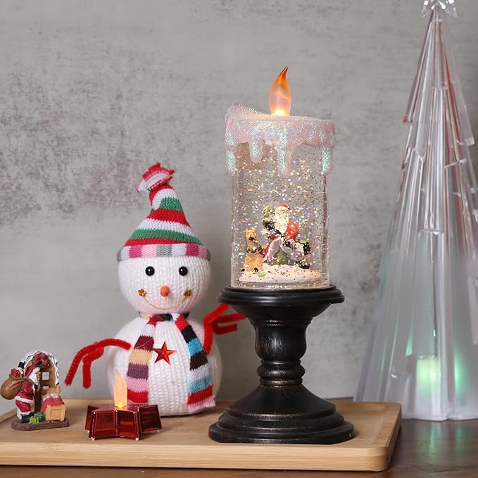 Eldnacele Battery Operated Lighted Flameless Candles Christmas Snow Globe Candle Light Swirling Water Glittering Spinning Candles for Home Decoration(Santa)-Ruum Studio Home