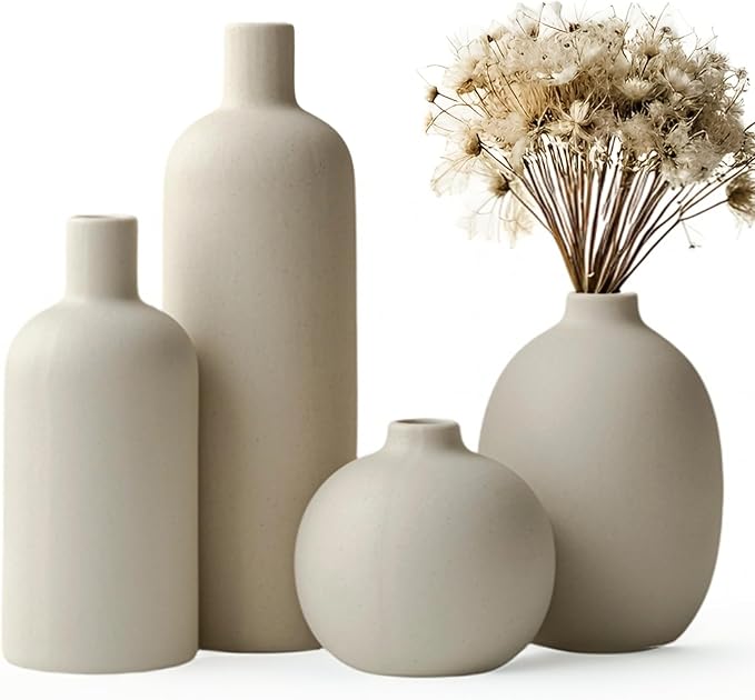 Modern Ceramic Vase Set, Neutral Colors, Decorative Vases for Home Decor, 4 Piece Collection (Beige)-Ruum Studio Home