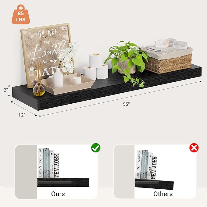 Heimlove 12 Inch Deep Floating Shelves, 55 x 12 inches Long Wall Shelf, Large Extra Display Shelf & Storage Shelf, Rustic Wood Wall Shelves for Fireplace Mantel, Set of 1(Black)-Ruum Studio Home