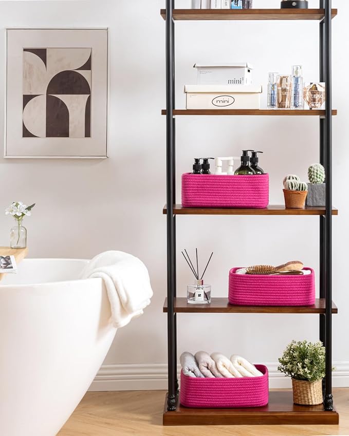 KALLAX Small Woven Basket, 12 x 8 x 4.5 Inches, Storage Basket for Organizing, Cute Small Rope Shelf Closet Cube Storage Bins Baskets for Shelves, Dog Toy Gift Baskets Empty, 3 Packs, Hot Pink-Ruum Studio Home