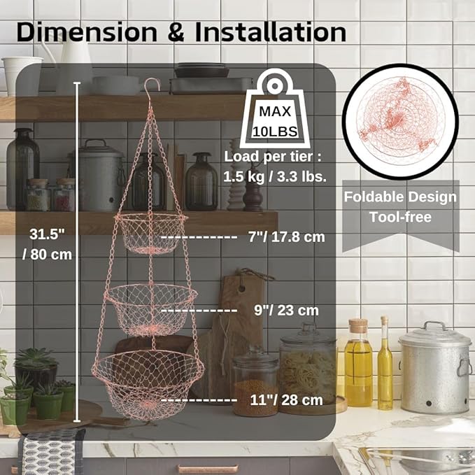 IBERG 3-Tier Fruit Basket Hanging Baskets for Storage - Kitchen Bathroom Organizer (Copper)-Ruum Studio Home