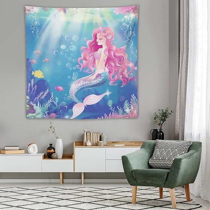 HZOHNAGO Mermaid Girls Tapestry Watercolor Mermaid Princess Pink Hair Pattern for Kids Room Decoration Printed Wall Tapestry Wall Hanging for Bedroom Living Room Dorm 60" W x 60" H-Ruum Studio Home