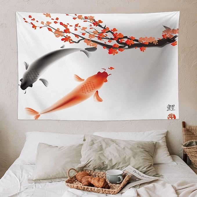Japanese Koi Fish Tapestry, Cherry Blossoms Asian Oriental Flower Branch Koi Fish Carp Tapestries Wall Hanging for Bedroom Living Room Office Decor 60"x40"-Ruum Studio Home