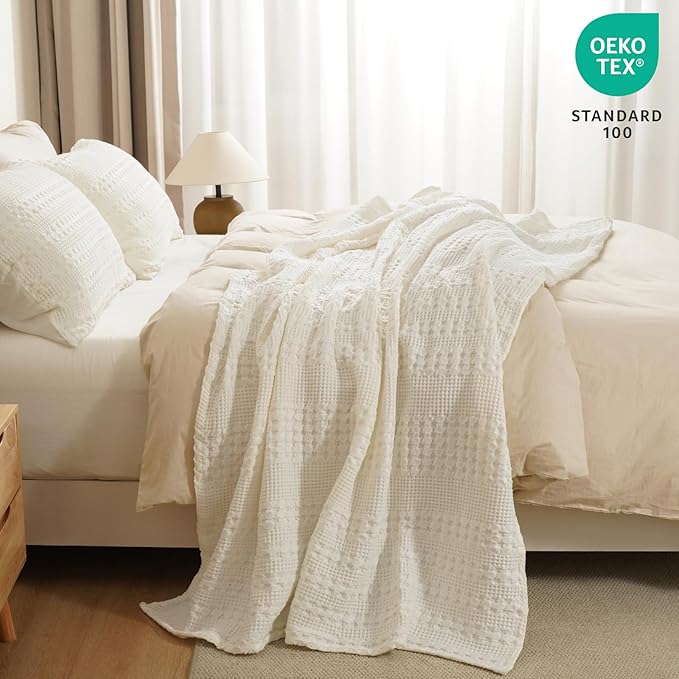 PHF 100% Cotton Waffle Weave Throw Blanket, Soft Lightweight Breathable Cozy Summer Throws for Couch Bed Sofa, Luxury Aesthetic Woven Blanket for Home Decor & Office, 50"x60", Ivory-Ruum Studio Home