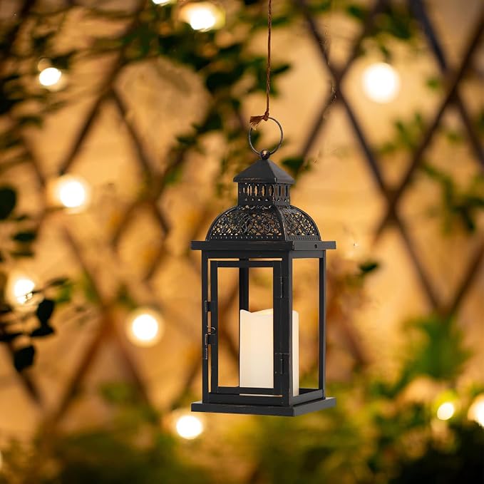 NEEDOMO Lanterns Decorative Indoor & Outdoor, 15'' Lantern with LED Candle, Vintage Metal Hanging Lanterns for Patio, Front Porch,Yard, Table, Spring (NO Glass)-Ruum Studio Home