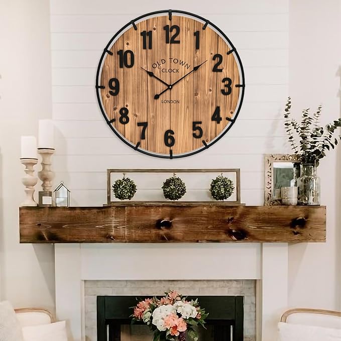 Large Old Town Farmhouse Wall Clock 20 Inches - Rustic Antique Wood with Metal Circle and Large Numerals Silent Battery Operated Wall Clock for Office Kitchen Bedroom Living Room-Ruum Studio Home