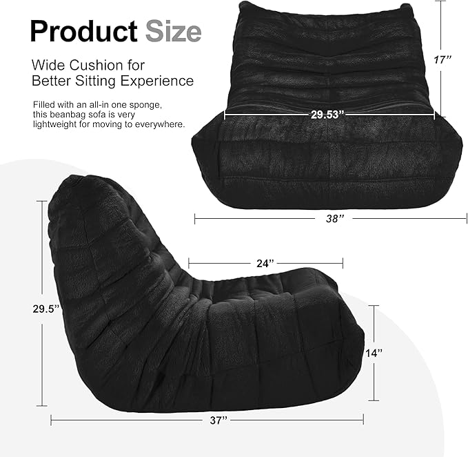 Bean Bag Chairs for Adults Giant Bean Bag Chair Memory Foam BeanBag Chair Big Bean Bag Sofa with Filler Faux Fur Fireside Beanbags Lazy Sofa for Living Room Bedroom Dorm Office (Black Plush)-Ruum Studio Home