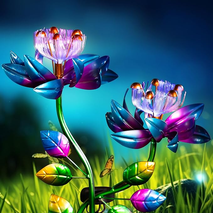 Solar Wind Spinners Blue Twin Flowers for Yard and Garden, Solar Windmill Garden Whirligig Kinetic Spinners Decor for Lawn, Patio, Yard, Metal Wind Outdoor Sculpture-Ruum Studio Home
