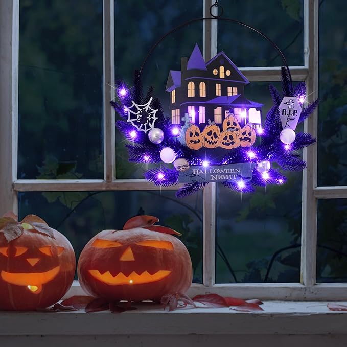 Lighted Halloween Wreaths for Front Door, Welcome Metal Wooden Door Wreath Decor Hanging Sign, 30 LED Lighted Wall Decor Battery Operated for Halloween Indoor Outdoor (Pumpkin)-Ruum Studio Home