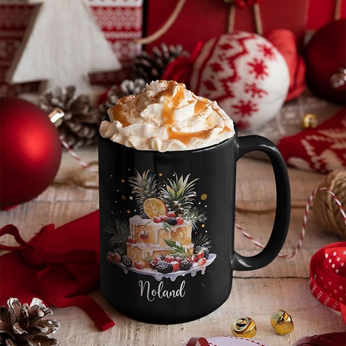 Personalized Christmas Decorative Mug - Fruit Cake Design Coffee Cup for Cake Lovers - Customized Black 11oz/15oz Cup for Daughter-Ruum Studio Home