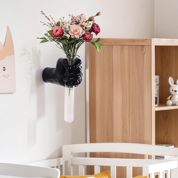 Black Wall Sculptures, Hand Vases Home Decor, Wall Mount Art Sculpture, Unique Wall Art Statue, Funky Flower Vase Decorations, Modern Eclectic Hanging Decor,Glass Test Tube Vase-Ruum Studio Home