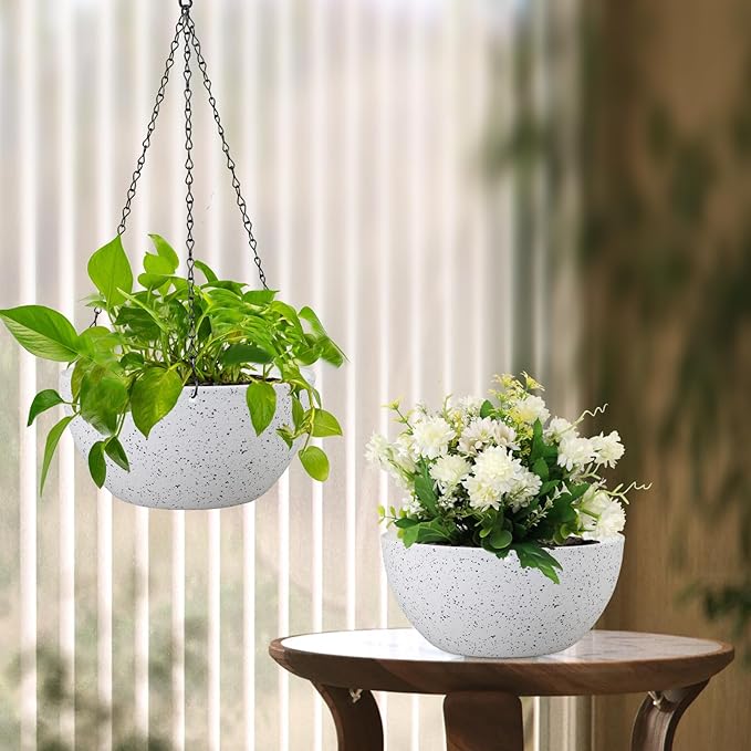 10 inch Hanging Planters for Indoor Outdoor Plants, 2 Pack Hanging Flower Pots with Drainage Holes and Chain for Garden Porch, Plastic Hanging Baskets for House Plants, Speckled White-Ruum Studio Home