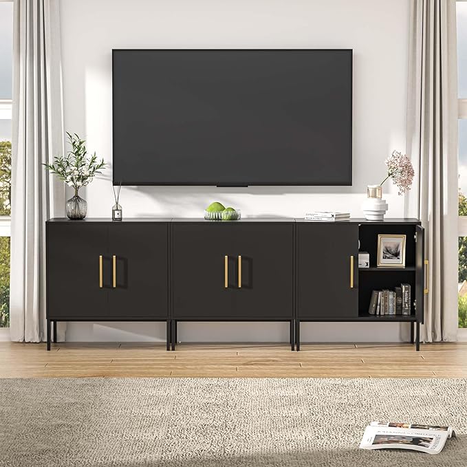 LYNSOM TV Stand for 85 Inch TV, Media Entertainment Center Console Table, 3 Cabinets, TV Console Table with Storage Cabinet for Bedroom, Living Room, Entertainment Room (Black)-Ruum Studio Home