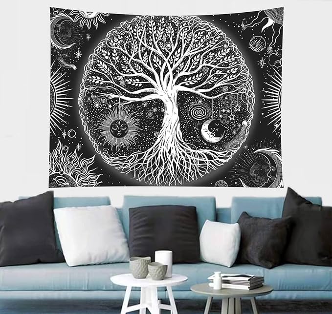 FORATER Tree of Life Tapestry Wall Hanging, Sun and Moon Aesthetic Wall Tapestry Black and White Tapestries Home Decor for Living Room Bedroom(53 x 61 Inch, Black and White)-Ruum Studio Home