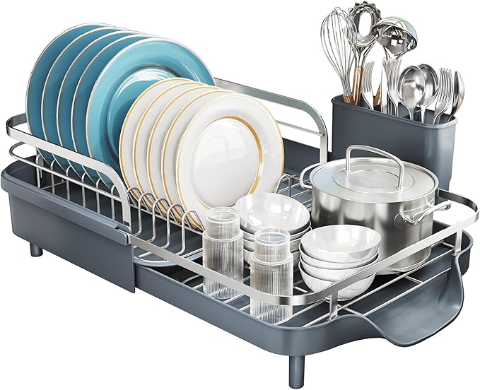 Dish Drying Rack, Expandable Dish Rack for Kitchen Counter, Stainless Steel Dish Drainer with Drainboard Set and Utensil Holder (Gray)-Ruum Studio Home