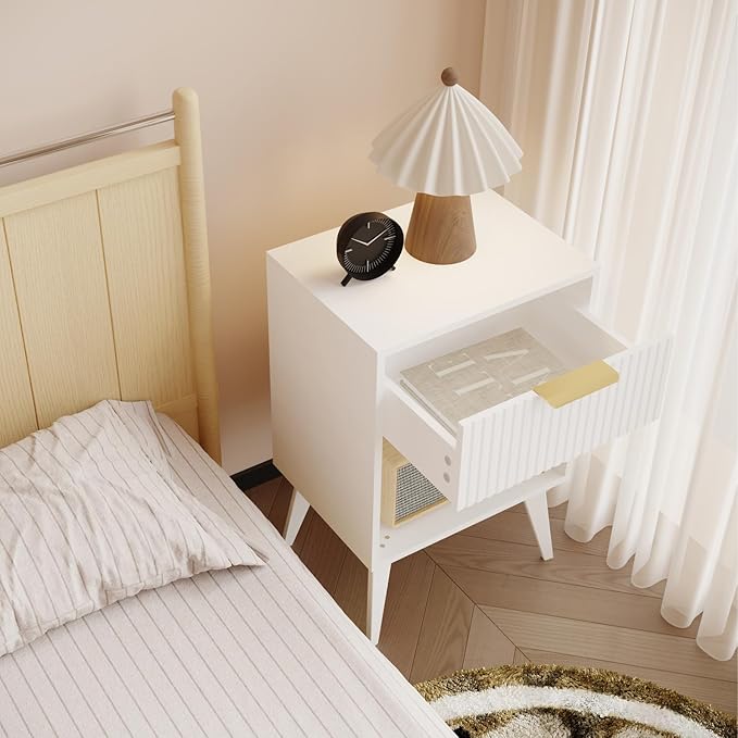Fluted Night Stand with Opening Storage,Mid Century Bedside Table with Drawer,Modern Nightstand with Solid Wood Legs,End Table Side Table for Living Room,Bedroom,White CTG56W-Ruum Studio Home