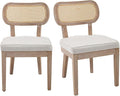 Rattan Dining Chairs Set of 2, Linen Fabric Farmhouse Dining Room Chairs with Cane Back Curved Backrest Kitchen Chairs Rustic Armless Side Chairs for Dining/Living Room/Restaurant, Beige-Ruum Studio Home