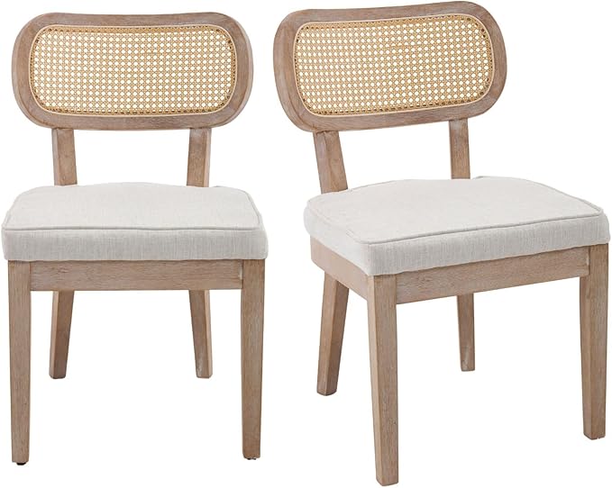 Rattan Dining Chairs Set of 2, Linen Fabric Farmhouse Dining Room Chairs with Cane Back Curved Backrest Kitchen Chairs Rustic Armless Side Chairs for Dining/Living Room/Restaurant, Beige-Ruum Studio Home