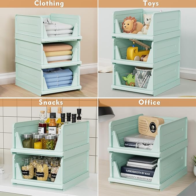 6 Pack Stackable Closet Storage Basket - Stackable Storage Bins, Multifunctional & Foldable Closet Organizer, Wardrobe Cupboard Space-Saving Hat Storage Drawer Organizer, Green-Ruum Studio Home