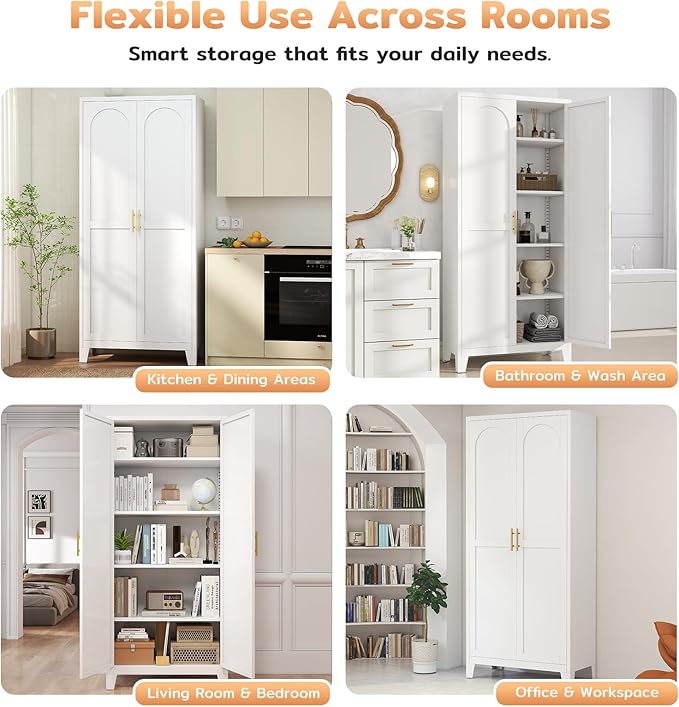 70.87" H Metal Kitchen Pantry Cabinet, Freestanding Cupboard with 2 Doors and 4 Adjustable Shelves, Tall Metal Storage Cabinet for Kitchen, Bathroom, Dinning Room or Laundry Room （White）-Ruum Studio Home