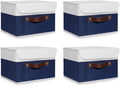 ANMINY 4PCS Storage Boxes with Lid Washable Decorative Storage Bin Basket with PU Leather Handle Foldable Linen Fabric Storage Cube Container for Home Closet Organizer - Deep Blue White, Small Size-Ruum Studio Home