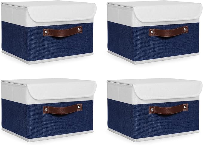 ANMINY 4PCS Storage Boxes with Lid Washable Decorative Storage Bin Basket with PU Leather Handle Foldable Linen Fabric Storage Cube Container for Home Closet Organizer - Deep Blue White, Small Size-Ruum Studio Home