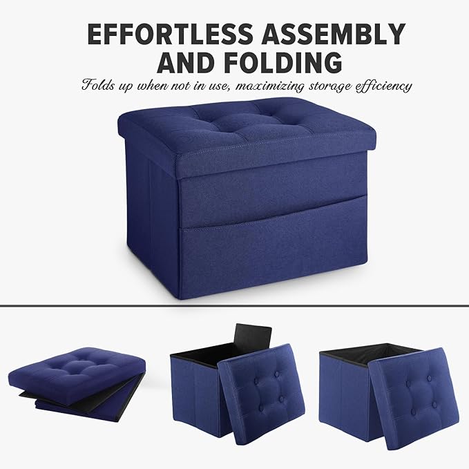 LINMAGCO Storage Ottoman Folding Foot Stool Foot Rest with Side Pocket Modern Ottoman with Storage Short Sofa Stool Linen Cloth 17x13x13(Navy)-Ruum Studio Home