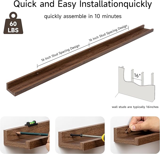 Fun Memories Picture Ledge Shelf, 48 Inch Floating Shelves Set of 2, Large Nursery Book Shelves for Toys Storage, Kids Bookshelf Wall Mounted for Wall Decor Books Photo Frames, Walnut-Ruum Studio Home