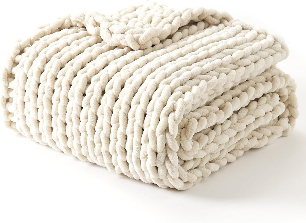 YnM Chunky Throw Blanket, Hand Knitted with Chenille Yarn, Skin Friendly, Ventilated and Breathable, Machine Washable, Home Décor Piece for Couch, Sofa and Bed (Butter Cream, 60x80 Inch)-Ruum Studio Home