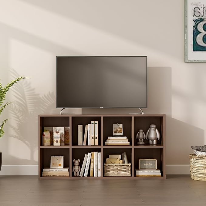 8-Cube Storage Shelf Bookcase - Wooden 4-Tier Floor Standing Open Bookshelf for Home and Office, Cuby Orgainzer, Walnut-Ruum Studio Home