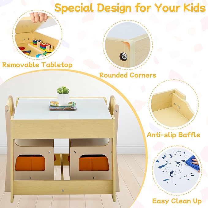 Kids Table and Chair Set, 3 in 1 Wooden Activity Table with Detachable Tabletop, Toddler Table and Chair Set with Storage Drawer, Kids Play Table for Children Art, Craft, Eating, Learning-Ruum Studio Home