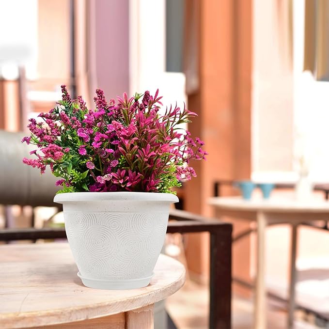 Plastic Flower Pots Planters for Indoor Plants, 4 Pack 14 Inch White Plant Pots with Drainage Hole & Tray, Modern Decorative Large Plant Pot with Saucer for Indoor Outdoor Plants Garden House Planter-Ruum Studio Home
