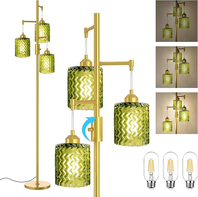 Gold Floor Lamp for Living Room, Vintage 3-Light Green Glass Standing Lamp, Brass Base Mid Century Modern, Retro Tree Design Tall Floor Lamps-Ruum Studio Home