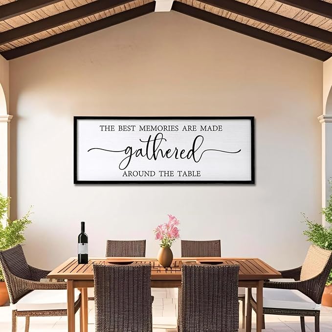 The Best Memories are Made Gathered Around The Table Sign Framed Wall Art, 32''×12'' Rustic Horizontal Plaque with Black Frame for Dinning Living Room, Farmhouse Long Home Family Wood Sign Wall Decor-Ruum Studio Home