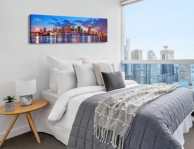 Office Wall Decor Miami Skyline Wall Art Panoramic Cityscape Picture Modern USA City Night View Canvas Prints for Bedroom Living Room Home Decoration Stretched and Framed Ready to Hang 13.8"x45.3"-Ruum Studio Home