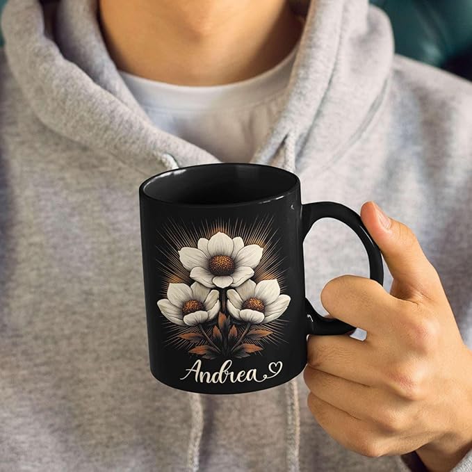 Personalized Nature Inspired Coffee Mug, Custom Name Black Cup 11oz or 15oz, Elegant Flower Ceramic Mug for Gardeners, Custom Floral Themed Coffee Cup, Gifts for Flower Lovers-Ruum Studio Home