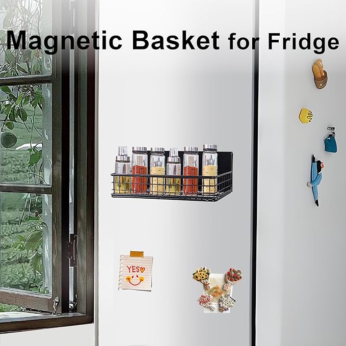 Magnetic Basket, Magnetic Shelf for Fridge, Magnetic Spice Rack for Refrigerator Magnetic Locker Organizer Holder for Office Kitchen Classroom Storage, Black-Low, 9.44" x 4" x 1.77"-Ruum Studio Home