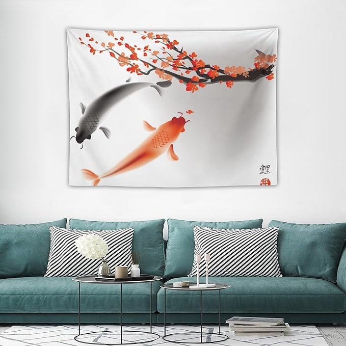 Japanese Koi Fish Tapestry, Cherry Blossoms Asian Oriental Flower Branch Koi Fish Carp Tapestries Wall Hanging for Bedroom Living Room Office Decor 40"x30"-Ruum Studio Home