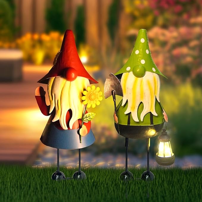 HONGLAND Solar Metal Gnome Yard Art -18 Inch Garden Gnomes Statues Outdoor Decor with Solar Lantern Lights -3D Outdoor Figurines for Patio Yard Lawn Porch Ornament Gardening Gifts-Ruum Studio Home