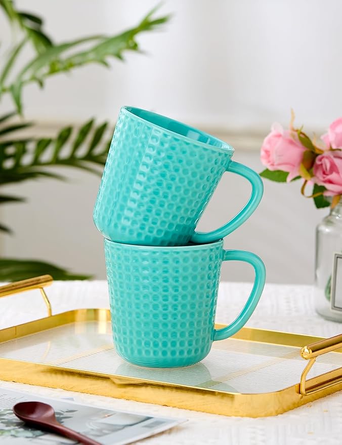 Ceramic Coffee Mugs 15 oz, Large Waffle Embossed Mug Set with Handle, Unique Coffee Cups for Latte, Cappuccino, Cocoa, Hot Tea, Mocha, Milk, Housewarming Wedding Present - Set of 6 (Turquoise)-Ruum Studio Home