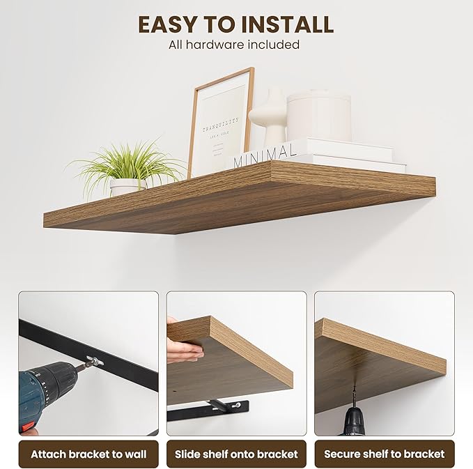 55" Floating Shelves for Wall, 12" Deep Slim Walnut Floating Shelves, Wall-Mounted Shelves for Bedroom, Living Room, Kitchen, Bathroom - Set of 2-Ruum Studio Home