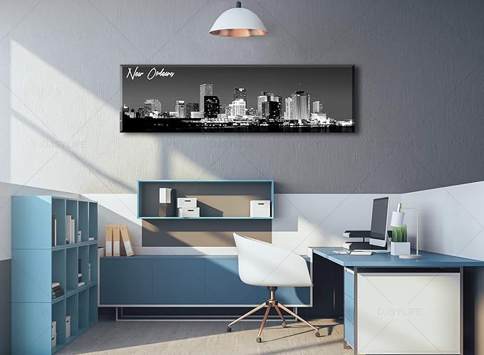 DJSYLIFE New Orlean Canvas Wall Art Decor City Skyline Pictures Poster Artwork Black and White Panorama Cityscape Painting for Bedroom Office Living Room Decoration Ready to Hang 13.8"X47.3"-Ruum Studio Home
