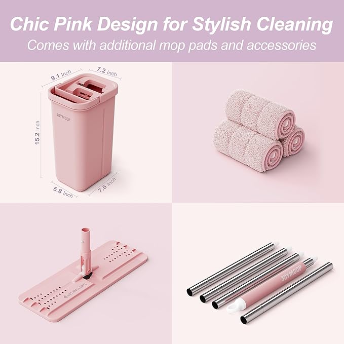 JOYMOOP Pink Mop and Bucket with Wringer Set for Home, with 3 Reusable Microfiber Mop Pads, Hands-Free Self-Cleaning System, Suitable for Floor Cleaning and Wall Cleaner-Ruum Studio Home