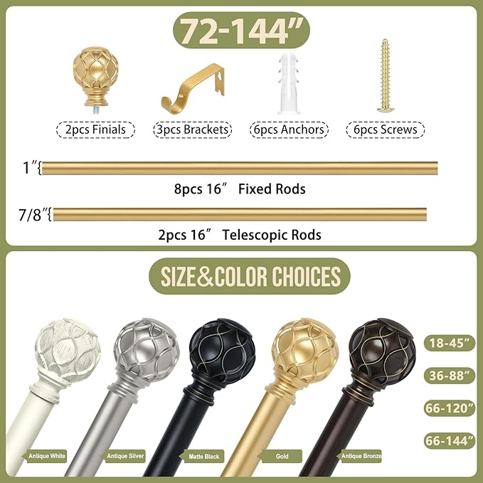 Gold Adjustable Curtain Rods for Windows:72-144 Inch Farmhouse Heavy Duty Long Curtain Rod for Bedroom Living Room,Boho Decorative Rustic Drapery Rods with Vintage Coastal Finials,Brass Gold-Ruum Studio Home