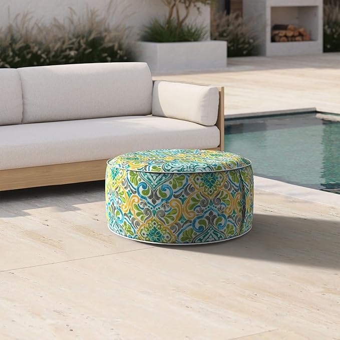 Inflatable Ottoman Stool D21 xH9 for Outdoor/Indoor Use, Water Repellent Patio Foot Rest Stool with Portable Handle,Round Pouf Ottoman Suitable for Garden,Deck and Camping - Damask Green-Ruum Studio Home