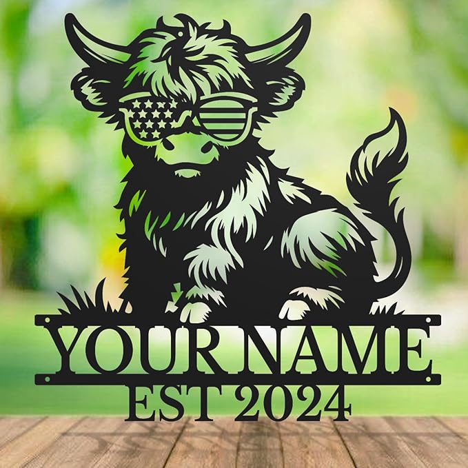 Personalized Highland Cow Name metal Signs,Custom Highland Cow Metal Shed Wall Decor,Black Metal Wall Art Plaques Outdoor wall Decorative Signage (Style C)-Ruum Studio Home