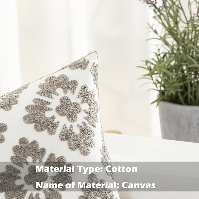 HWY 50 Grey Gray Decorative Throw Pillow Covers 18x18 Inch (1 Piece), Embroidered Cotton Farmhouse Cushion Cover Pillow Case for Sofa Couch Living Room Bed, Geometric Diamond Floral-Ruum Studio Home