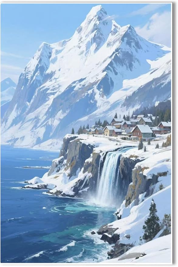Winter lakeside town and snowy scenery merge together to form a landscape poster wall art suitable for living room bedroom and office-Ruum Studio Home